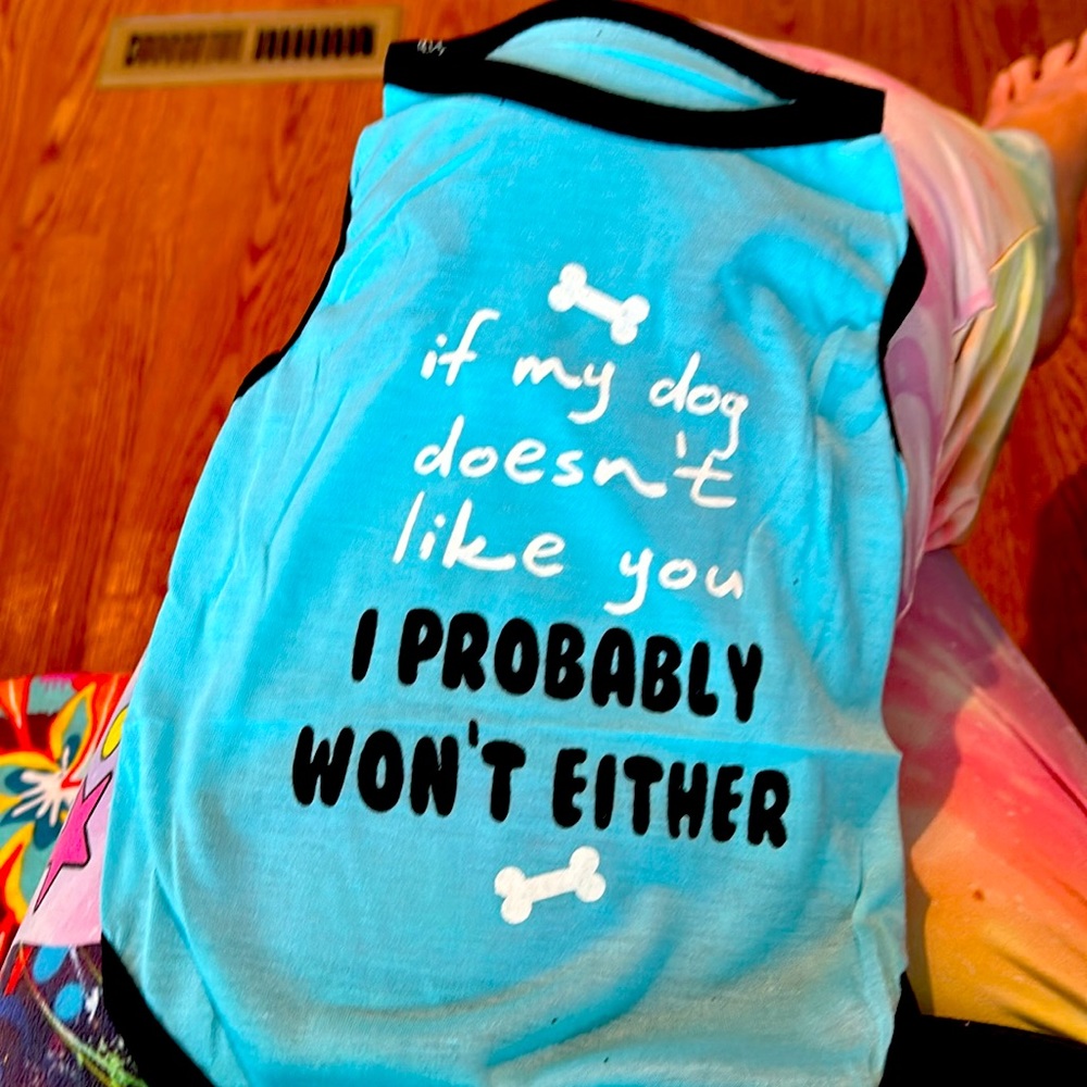 5/$20 Sky blue navy blue with white writing size small dog T-shirt